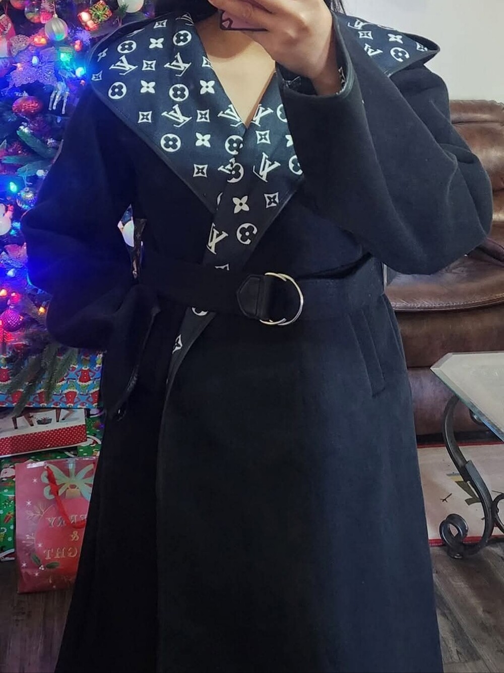 Women's Black Long Belted Coat with Patterned Collar